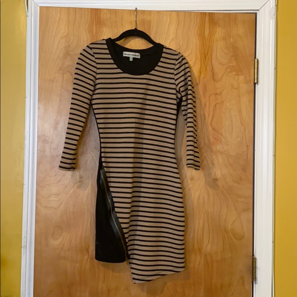 Black/Tan dress with faux leather zipper accent